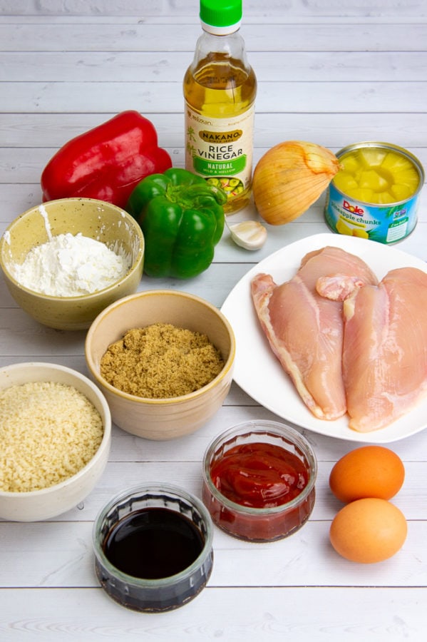 chicken, peppers, onion, eggs, and flour to make sweet and sour chicken