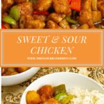 a pan of sweet and sour chicken with pineapple and peppers above a single bowl of chicken and rice.