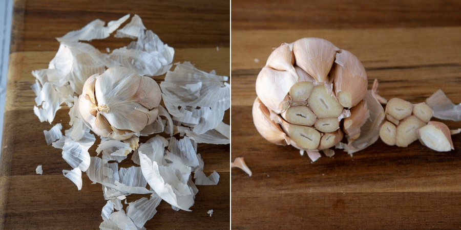 a garlic bulb with papers removed and the tips chopped off