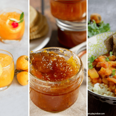 a loquat cocktail, a loquat jam, and a loquat curry in a collage