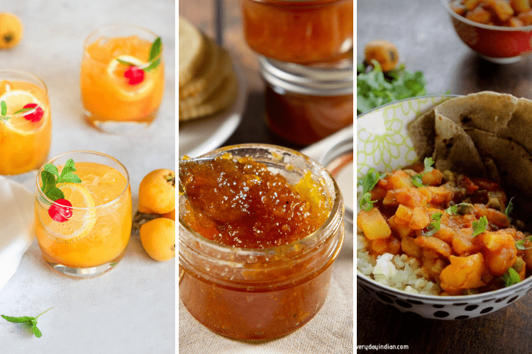 a loquat cocktail, a loquat jam, and a loquat curry in a collage