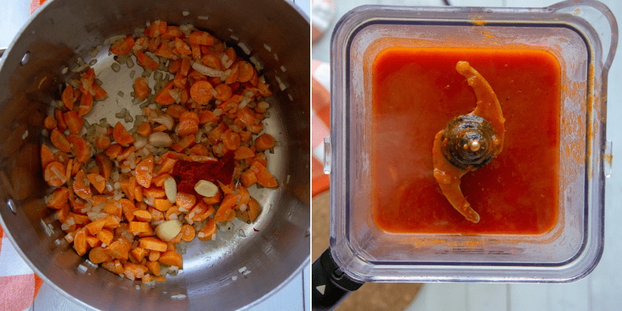 a pot with chopped carrots and onions next to a blender of creamy tomato carrot soup