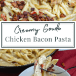 creamy chicken pasta with bacon, with a fork holding a bite up