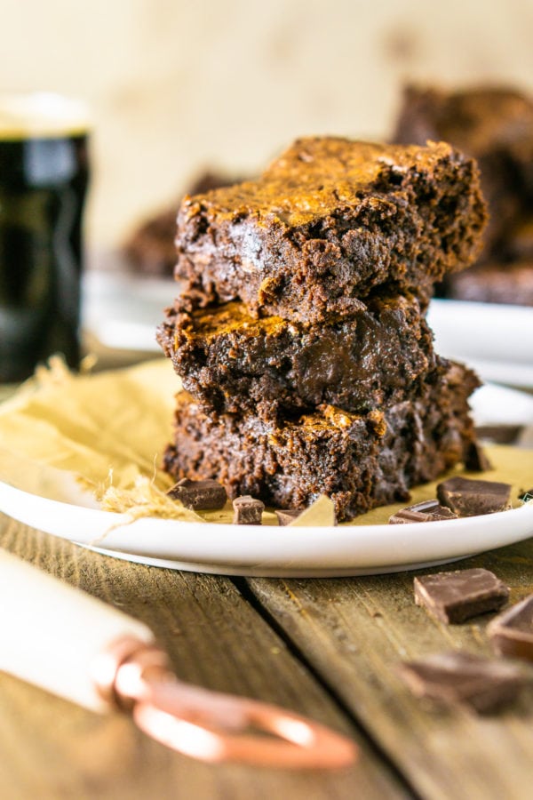 Stout Brownies stacked on a plate