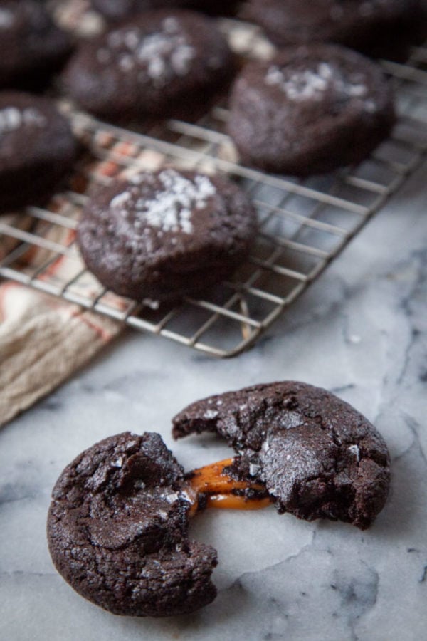 chocolate cookies with caramel in the middle