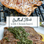 a grilled steak topped with chimichurri on a white platter