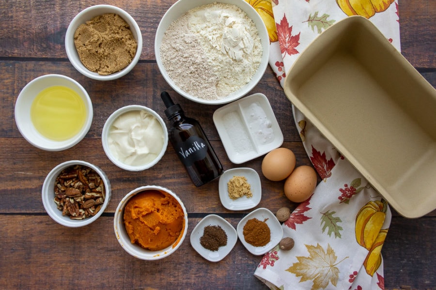 ingredients for a healthy pumpkin bread recipe