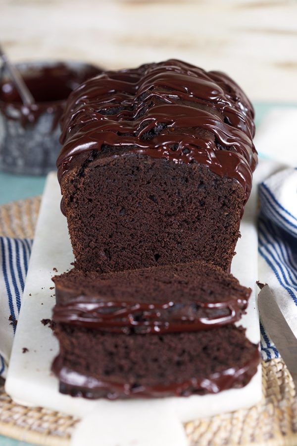 loaf of chocolate banana bread sliced