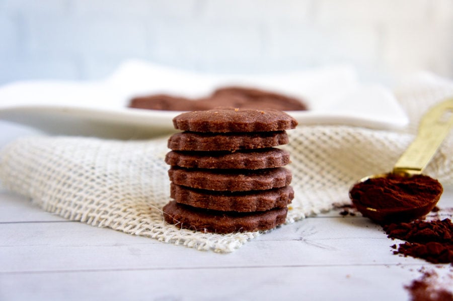 A stack of chocolate shortbread cookies