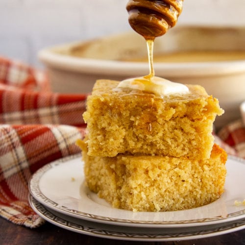 a stack of honey butter cornbread