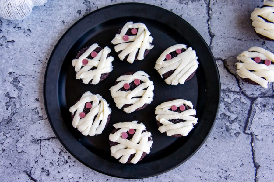 a platter of mummy cupcakes
