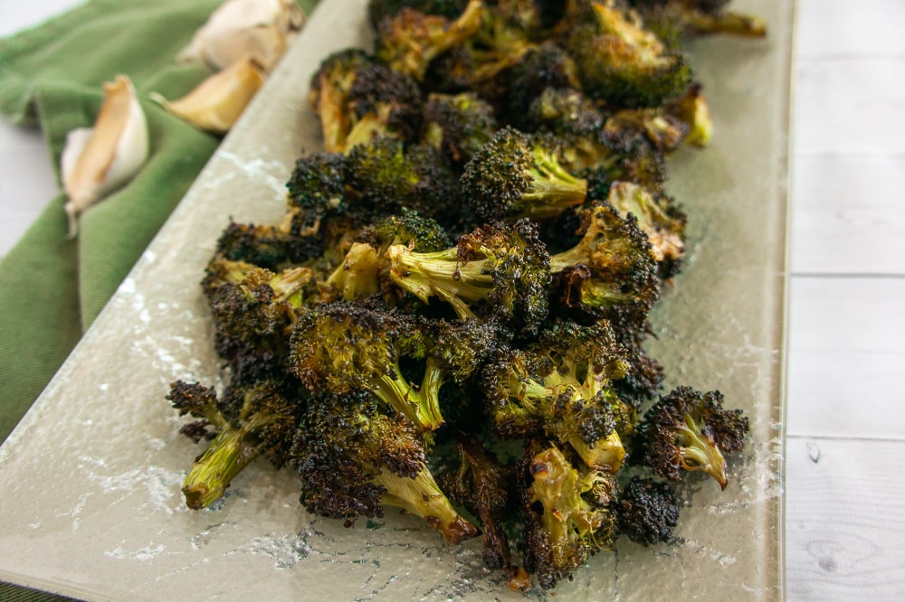 garlic roasted broccoli on a platter