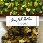 broccoli and garlic on a sheet pan and then roasted on a platter