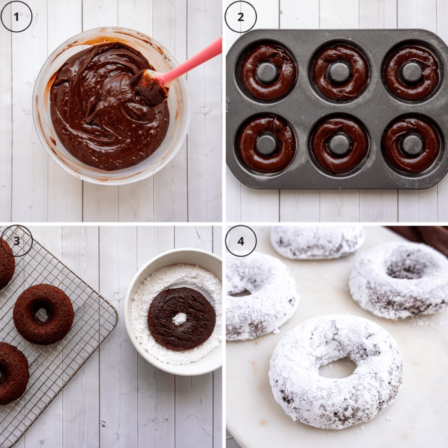 how to make chocolate baked donuts by mixing batter, filling the pan then coating them in powdered sugar