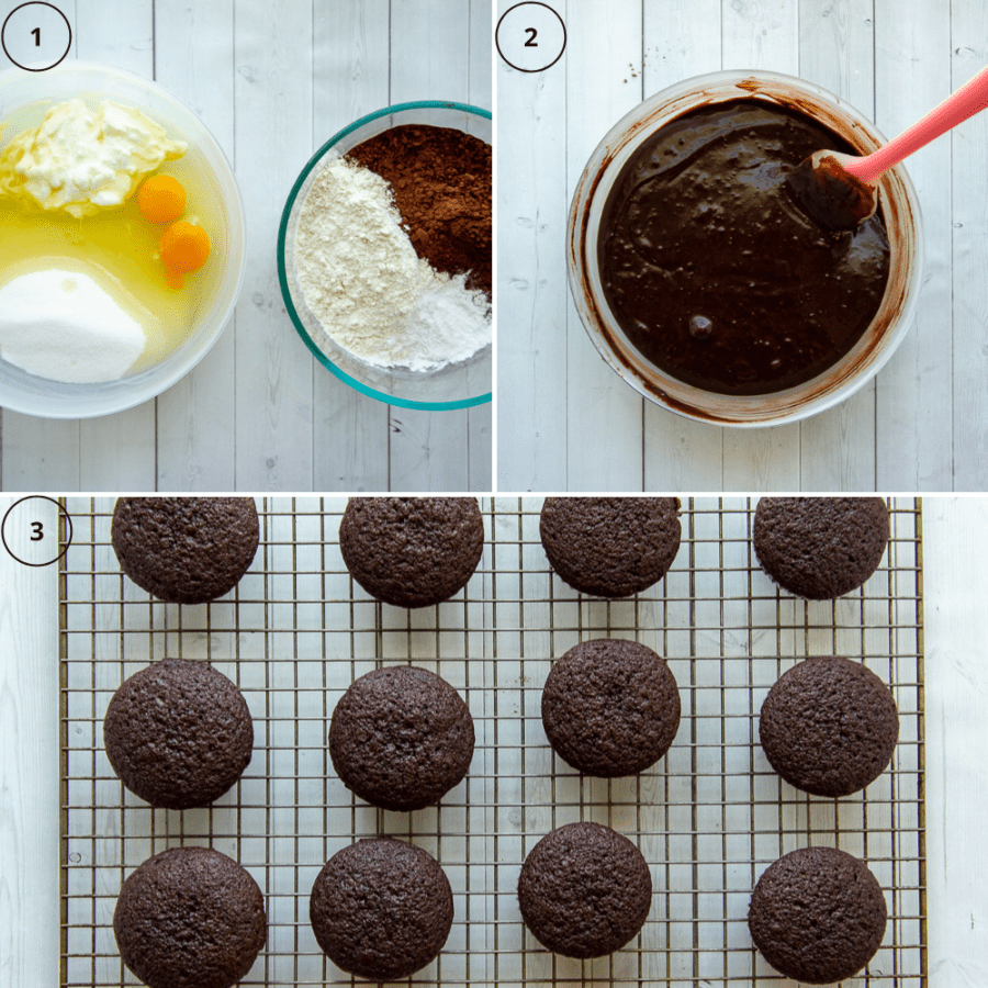 how to make chocolate cupcakes without buttermilk 1)combine dry ingredients in one bowl and wet ingredients in another with sugar 2)Fold wet into dry ingredients 3)bake and remove from pan to cool on a rack