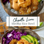 chipotle sauce drizzled over shrimp avocado rice bowls