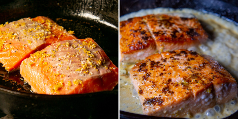 two salmon filets being seared in a pan and then simmering in a sauce