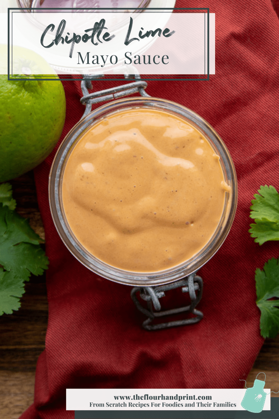 A bowl of chipotle lime sauce on a red towel