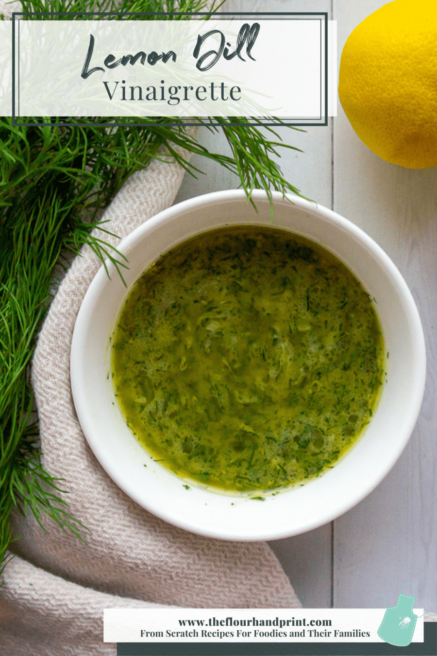 a bowl of dressing with lemon, dill, and oil