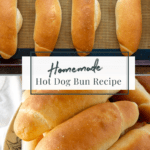 a tray of homemade hot dog buns piled into a bowl
