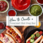 Condiments for building hot dogs with assembled hot dogs on a platter