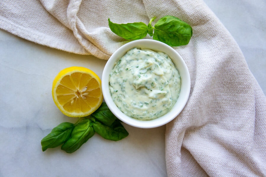 lemon and fresh basil beside a bowl of garlic basil mayonnaise.