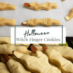 shortbread witch finger cookies arranged for baking then piled on a Halloween plate.