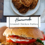 ground chicken patties on a plate then assembled into a burger with tomatoes.