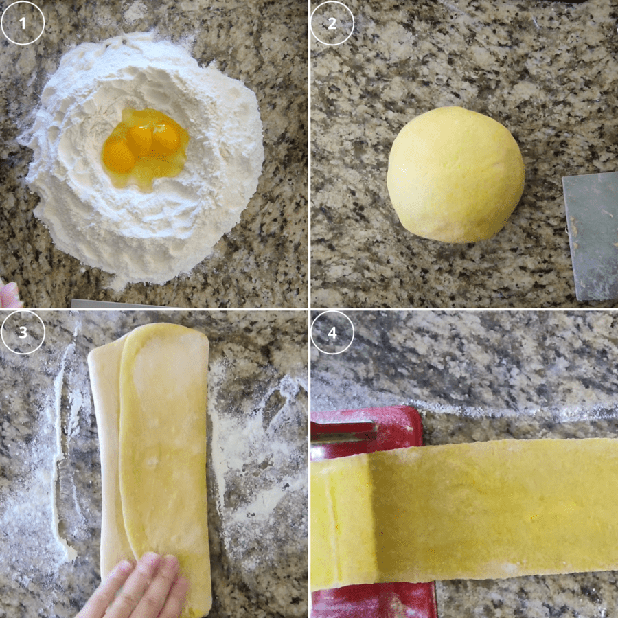 how to make homemade semolina pasta dough from mixing eggs with flour to create dough, then rolling it out.