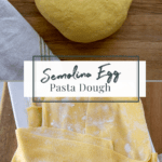 a ball of homemade semolina pasta dough that's rolled out into pasta sheets.