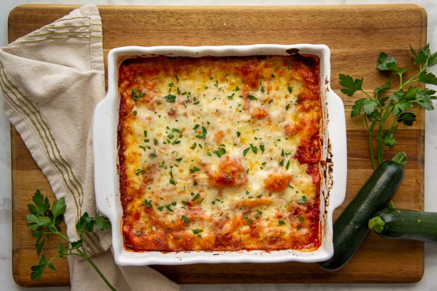 a cheesy, lasagna in an 8x8 casserole dish.