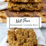 oat and honey nut-free granola bars stacked up and piled on a wooden cutting board.