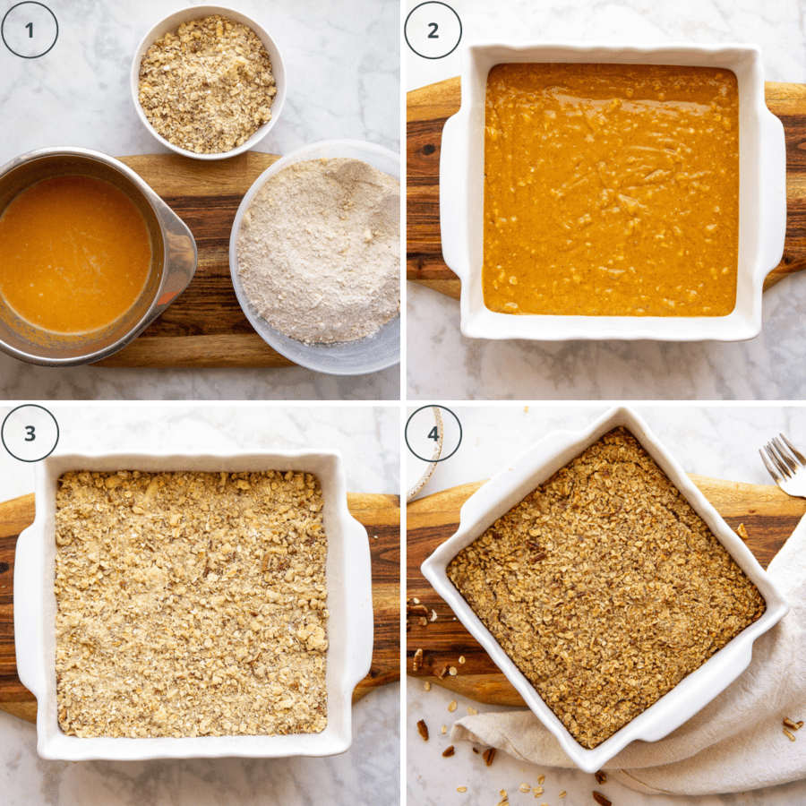 the process of making pumpkin coffee cake 1)mixing the streusel, wet, and dry ingredients 2)combining wet and dry and pouring into a pan 3)adding the topping 4)bake.