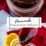 a spoon of pomegranate molasses sitting across the jar then drizzling it back into the jar.