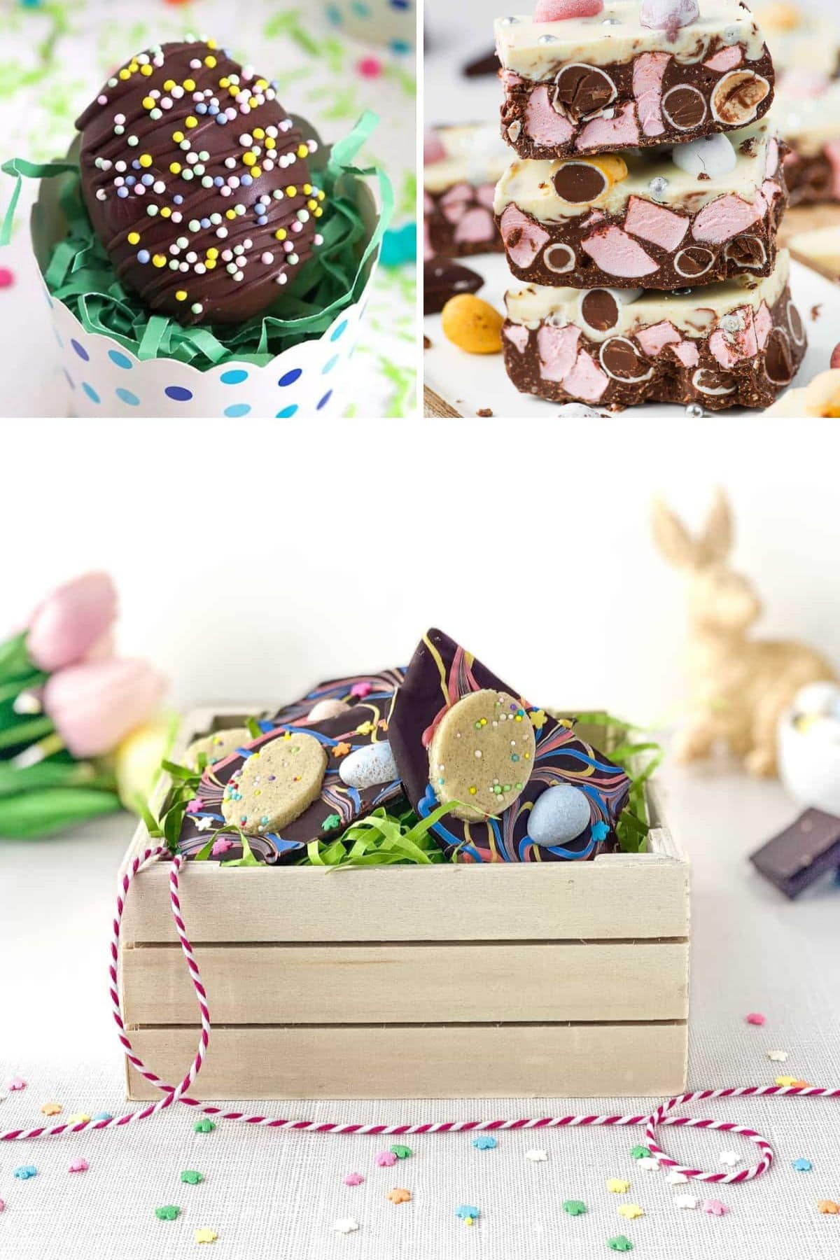 chocolate peanut butter eggs, chocolate rocky road with pink marshmallows and chocolate eggs, and chocolate bark with easter sugar cookie dough.
