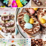 a collection of chocolate Easter themed desserts like peep s'mores dip, rocky road, chocolate cookies, and bark.