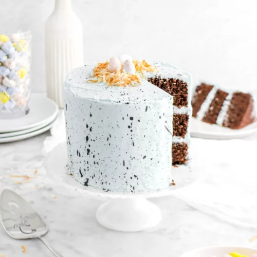 a three tiered malt chocolate cake with robin's egg blue speckled frosting.