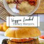 a bowl of veggie turkey burger mixture ready to be mixed, and a finished turkey burger on a wooden cutting board in a bun with tomato and lettuce.